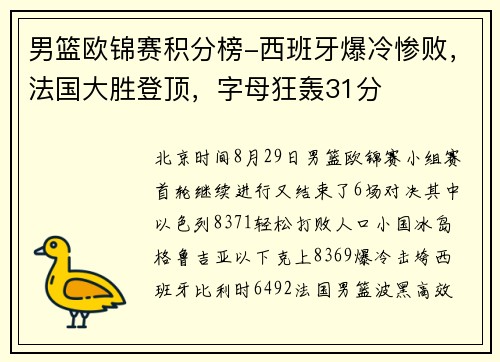 男篮欧锦赛积分榜-西班牙爆冷惨败，法国大胜登顶，字母狂轰31分